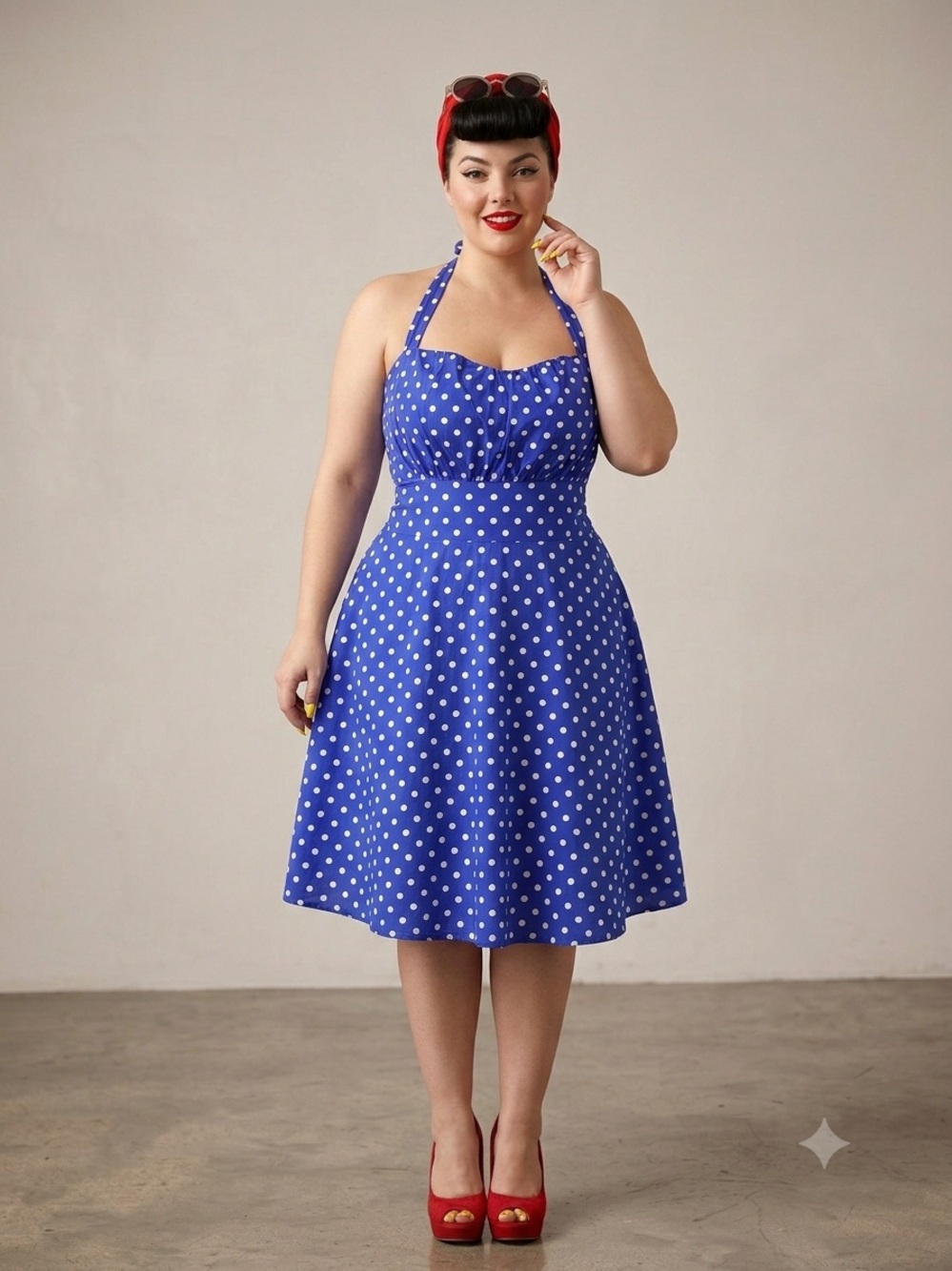 Sara USA 3X Blue White Polka Dot Halter Dress  Vintage Pinup Rockabilly Retro